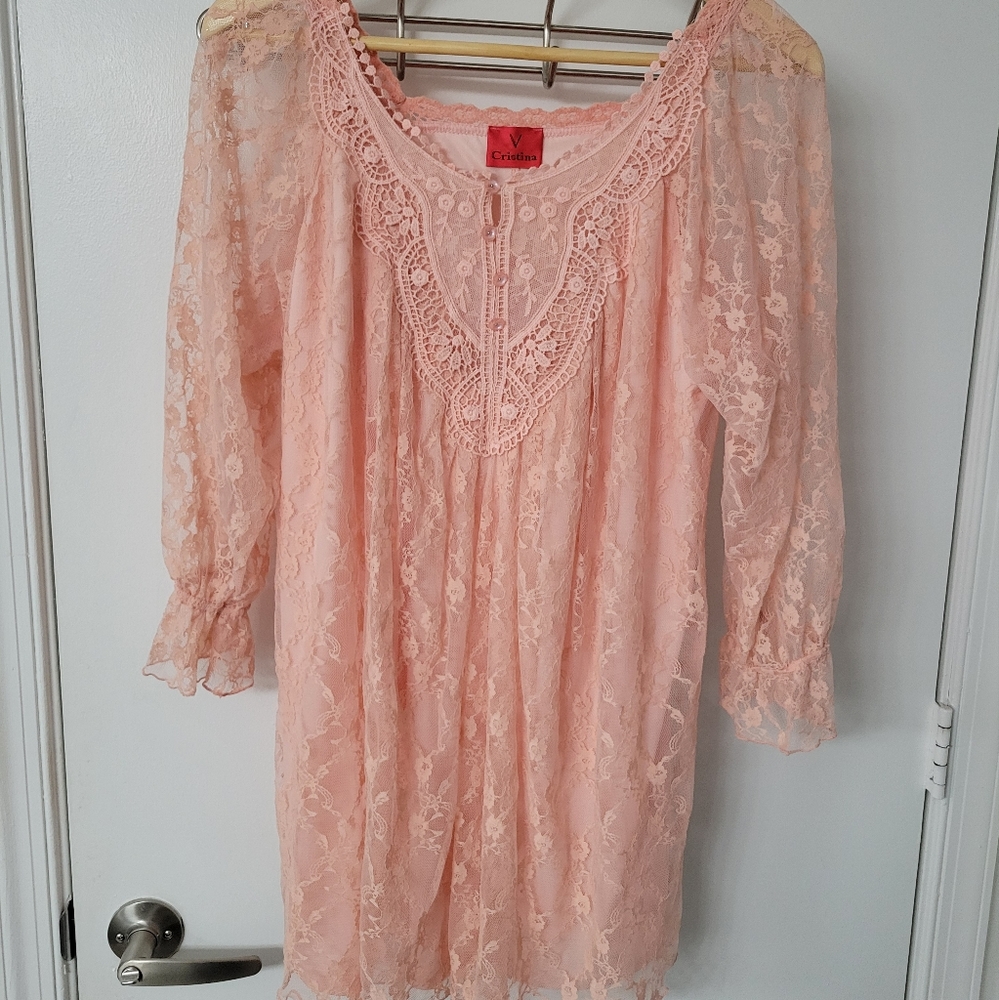 V Cristina Peach Lace Dress Size Large Stretch Knit Fully Lined Sheer Sleeves